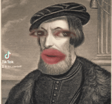 a black and white portrait of a man with a beard and big red lips