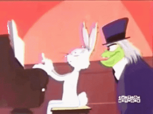 a cartoon of bugs bunny playing a piano next to a man with a top hat