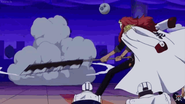 a man in a white cape is holding a large sword in his hand