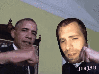 a picture of obama and a man with jibjab written on the bottom right