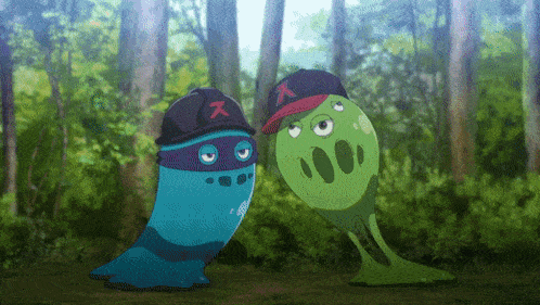 a blue monster and a green monster are standing next to each other in a forest