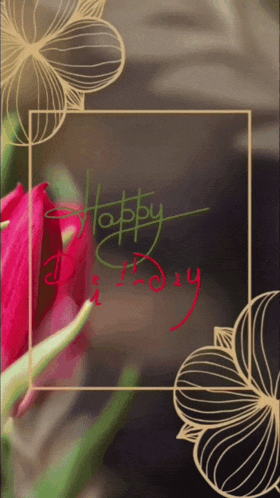 a happy birthday greeting card with a red rose in the background