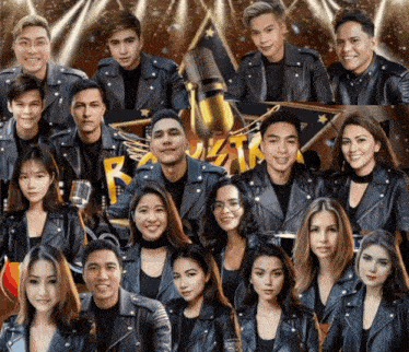 a group of people wearing leather jackets are posing for a picture with the letter r in the middle