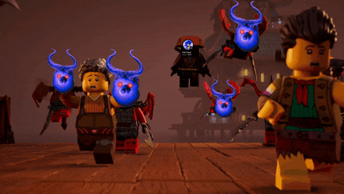 a group of lego figures are standing on a wooden dock