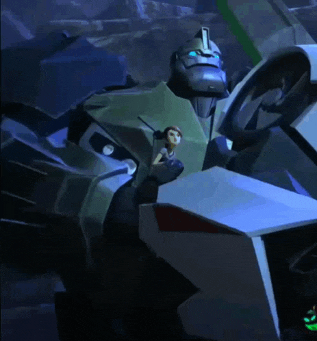 a robot with a blue eye is holding a doll