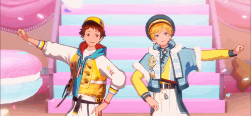 two anime characters are standing next to each other on a pink and blue background .