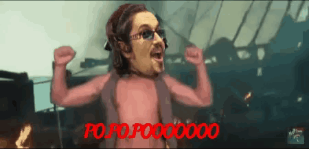a cartoon of a man flexing his muscles with the words " popo pooooooo " written in red