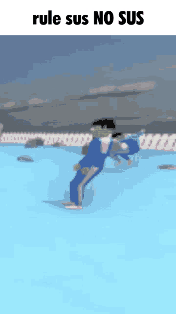 a man in a blue suit is jumping into a pool with the words rule sus no sus written above him .