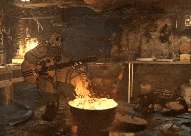 a man in a gas mask is playing a guitar