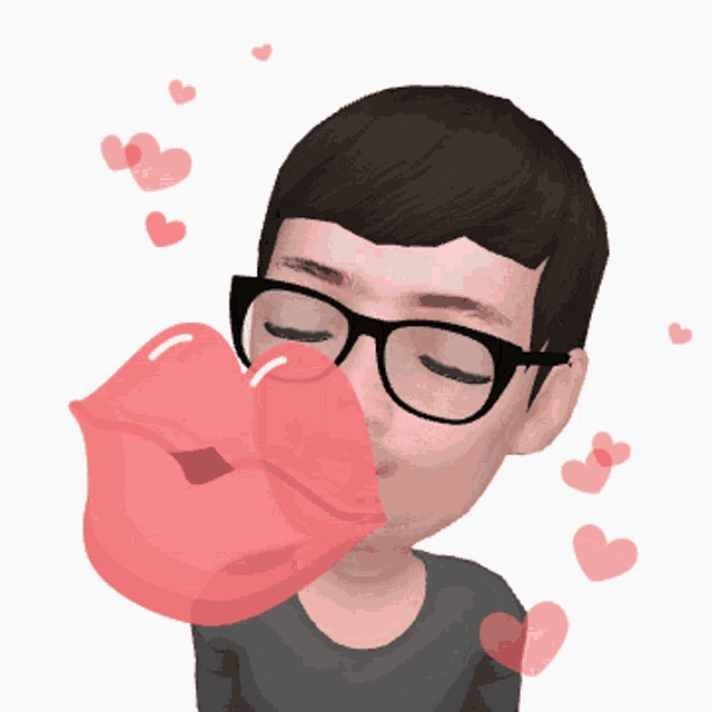 a man wearing glasses is blowing a kiss with hearts surrounding him