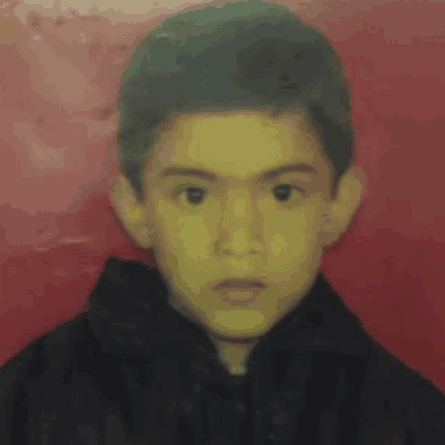 a young boy wearing a black shirt and a black jacket is standing in front of a red background .