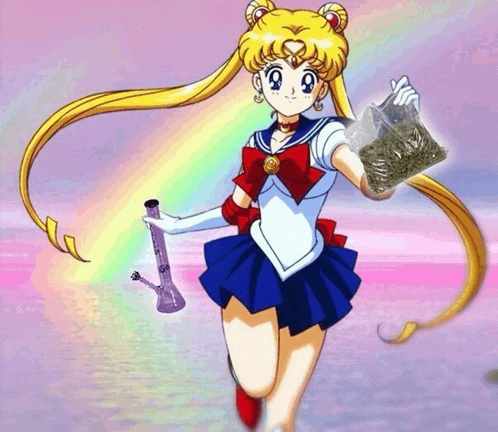 sailor moon is holding a bong and a bag of weed
