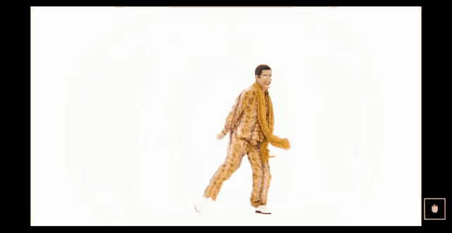 a man wearing a yellow shirt and glasses is dancing on a white background .