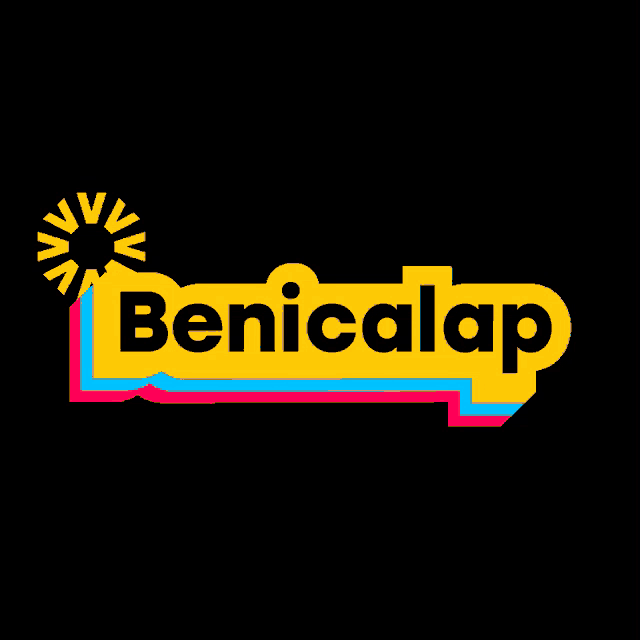 a brightly colored logo for benicalap with a sun in the background