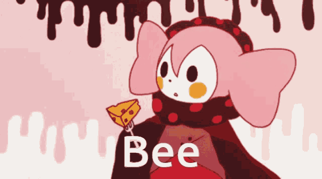 a pink cartoon character holding a piece of cheese with the word bee written on the bottom