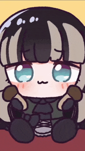 a cartoon drawing of a girl with blue eyes sitting down
