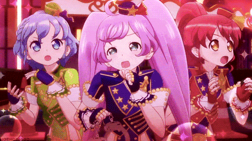 three anime girls are standing next to each other and one has a purple hair