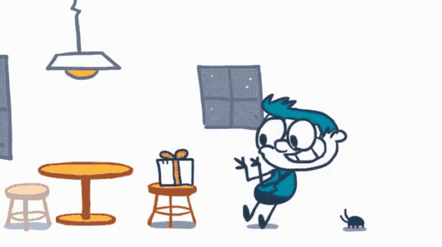 a cartoon of a man holding a gift box next to a table