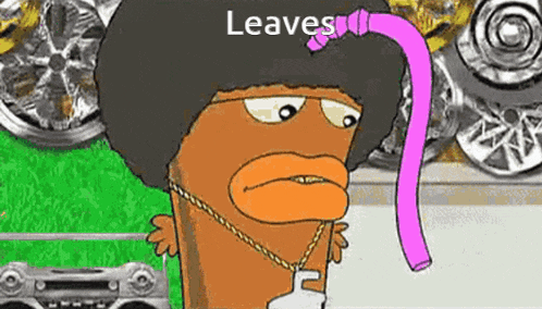 a cartoon character with an afro and a pink hose coming out of his mouth .