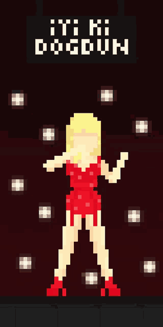 a pixel art of a woman dancing with the words " iti mi dogdum " above her