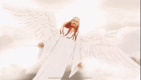 an angel is flying through the clouds with a sword