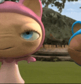 a cartoon character with blue eyes and a pink hat