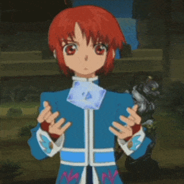 a cartoon character with red hair is holding a blue cube