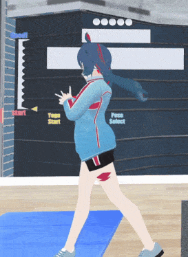 a cartoon character is standing on a blue mat with a sign that says pose select