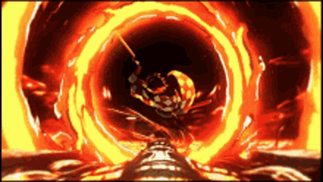 a person in a tunnel of fire with a sword