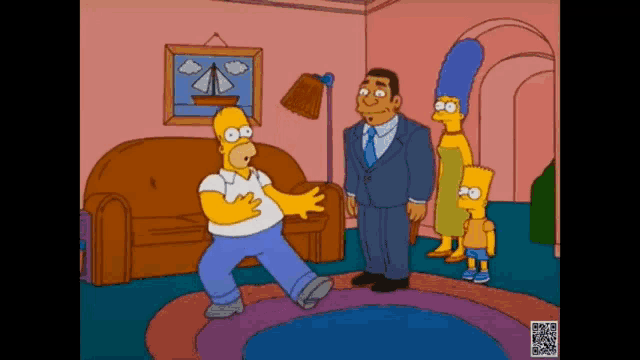 homer simpson is dancing in a living room while bart simpson and marge simpson look on