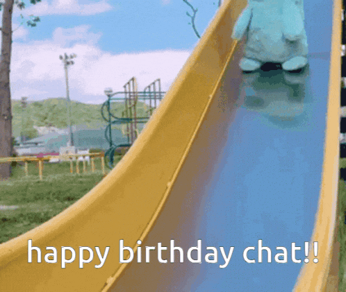 a teddy bear is sliding down a slide that says " happy birthday chat "