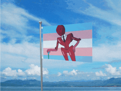 a transgender flag with a red robot holding a cane