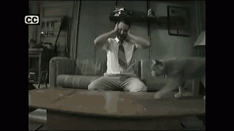 a man is sitting on a couch with his hands on his ears while a cat runs across a table .