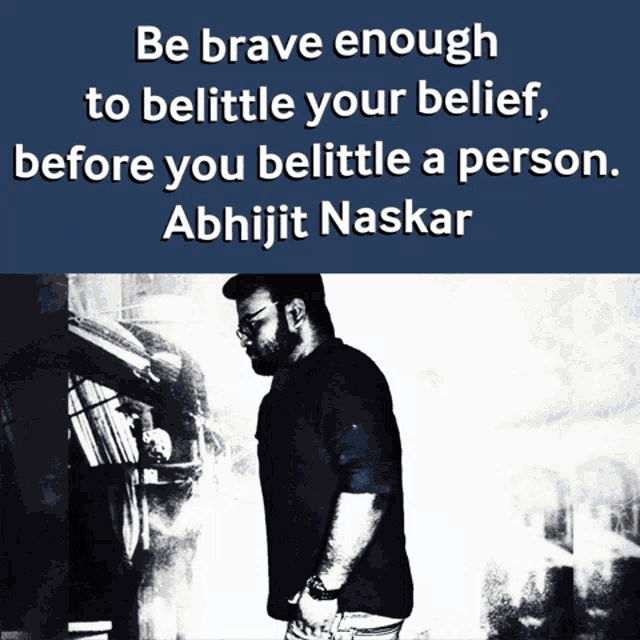 a man stands in front of a book shelf with a quote from abhijit naskar