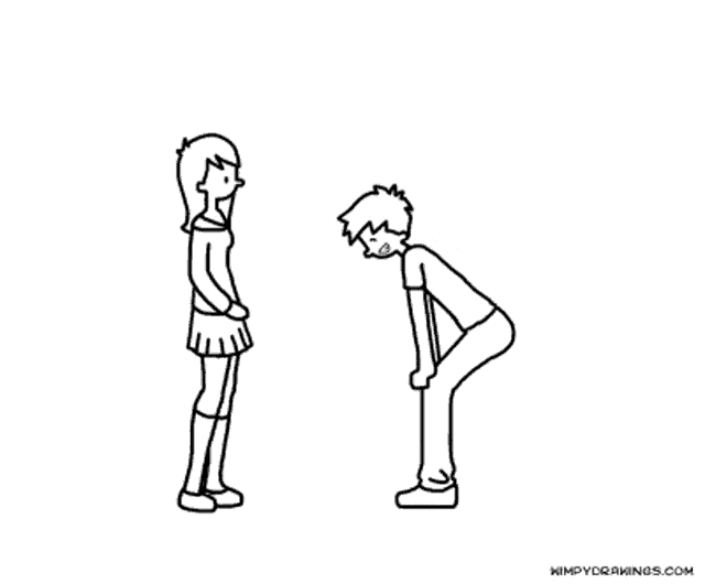 a boy and a girl are standing next to each other and the boy is pointing at the girl .