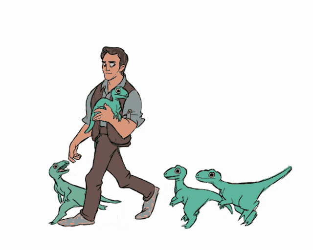 a cartoon of a man holding a baby dinosaur walking with three other dinosaurs