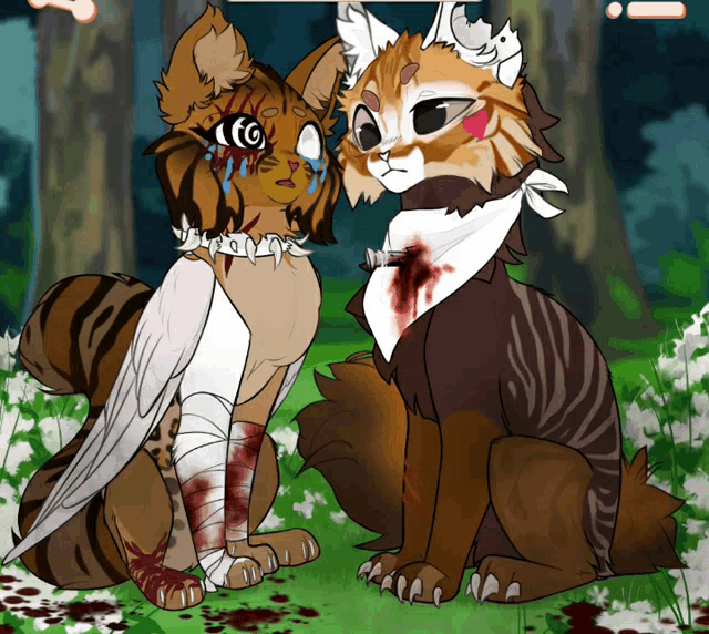 a drawing of two cats sitting next to each other with one having a bandage on its arm