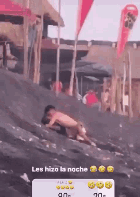 a man and woman are having sex on a rocky hillside with a caption that says les hizo la noche