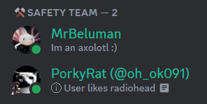 a screenshot of a safety team 2 chat with mrbeluman and porky rat