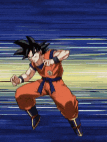 a cartoon character named goku is jumping in the air while holding a sword .