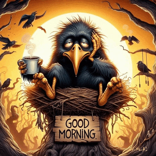 an illustration of a bird sitting in a nest with a sign that says good morning