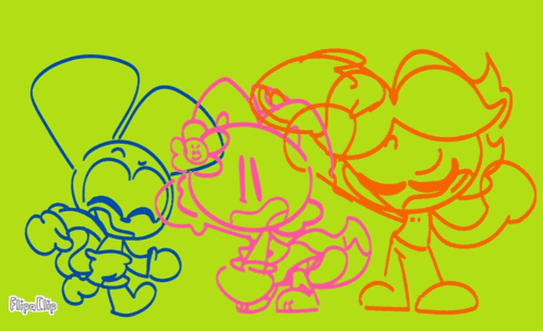 a drawing of three cartoon characters on a yellow background with the words flipaclip on the bottom right