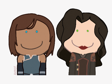 a cartoon drawing of korra and asami smiling with the name rayge below them