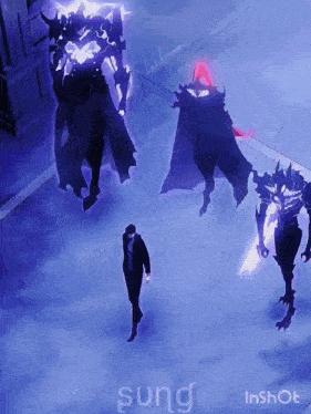 a man in a suit is standing in front of a group of monsters and the word sung is on the bottom right
