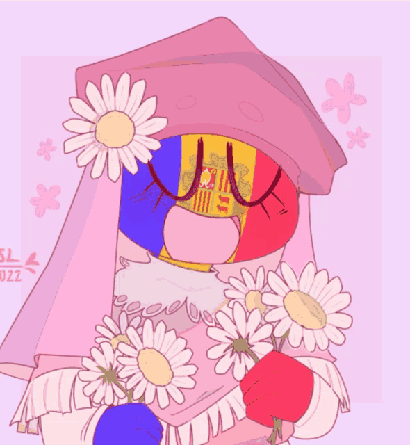 a drawing of a person holding a bouquet of daisies with the word sl on the bottom