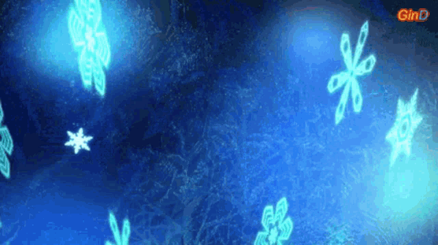 a blue background with glowing snowflakes and the word gind