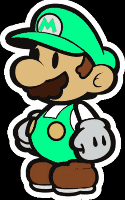 a cartoon drawing of mario wearing a green hat with a letter m on it