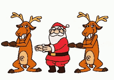 a cartoon of santa and two reindeer standing next to each other on a white background