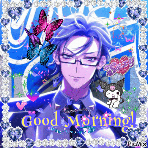 a picture of a man with glasses and the words good morning on the bottom