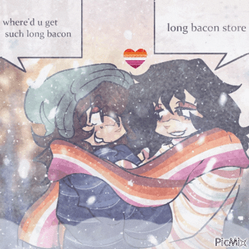 a cartoon of two people hugging with the words " where 'd u get such long bacon " above them